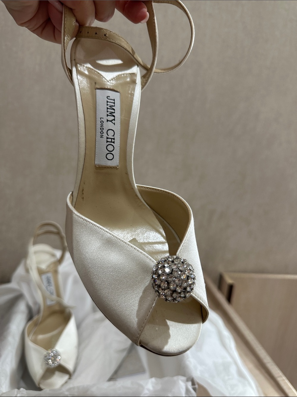 Jimmy Choo Ivory Crystal Satin Pointed-Toe Heels - Picture 10 of 12